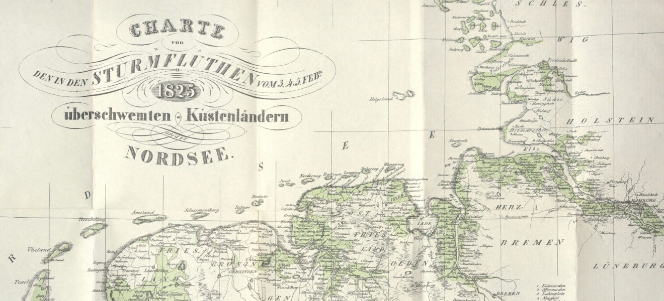 Fridrich Arends: Karte von den in den Sturmfluten vom 3., 4., 5. Februar 1825 überschwemmten Küstenländern an der Nordsee