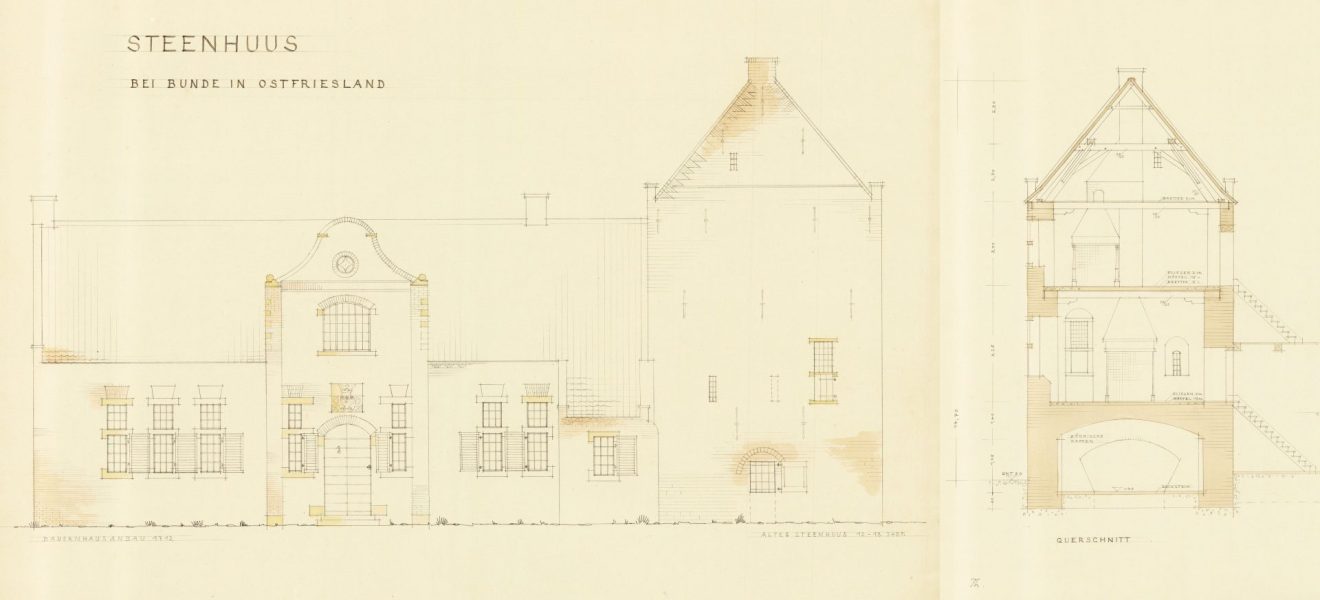 Gerhard de Boer: Steenhuus bei Bunde in Ostfriesland, Bauaufnahme Blatt 1 und 6 (Ausschnitt): Südansicht und Querschnitt