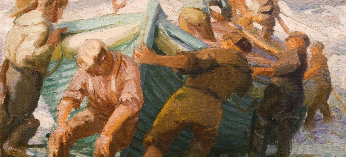 Poppe Folkerts: Seeleute ein Boot zu Wasser bringend, 1911